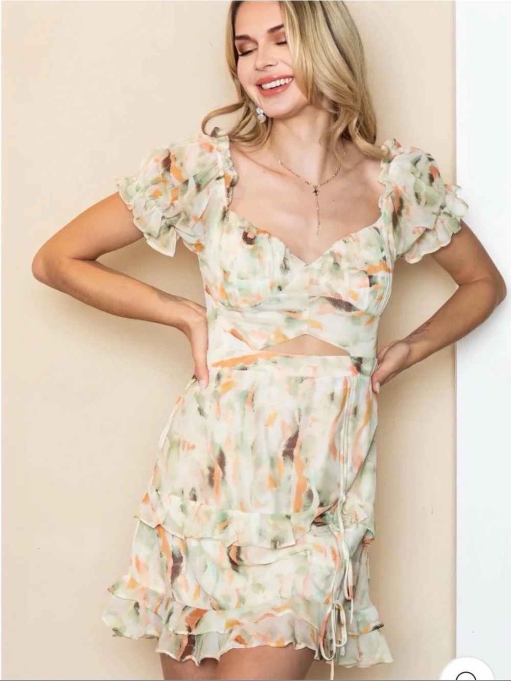 Floral Ruched Off-Shoulder Mini Dress in Cream and Peach